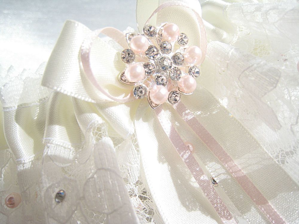 Lux Wedding Garter Stitched In Lace With Pink Pearl Beads.