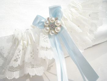 Bridal Garter With Swarovski Crystals & Blue Bows, Made To Order