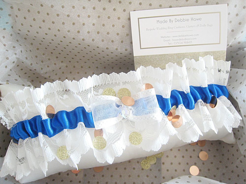 Wedding Garter With Swarovski Crystal Teardrop, Royal Blue Ribbons