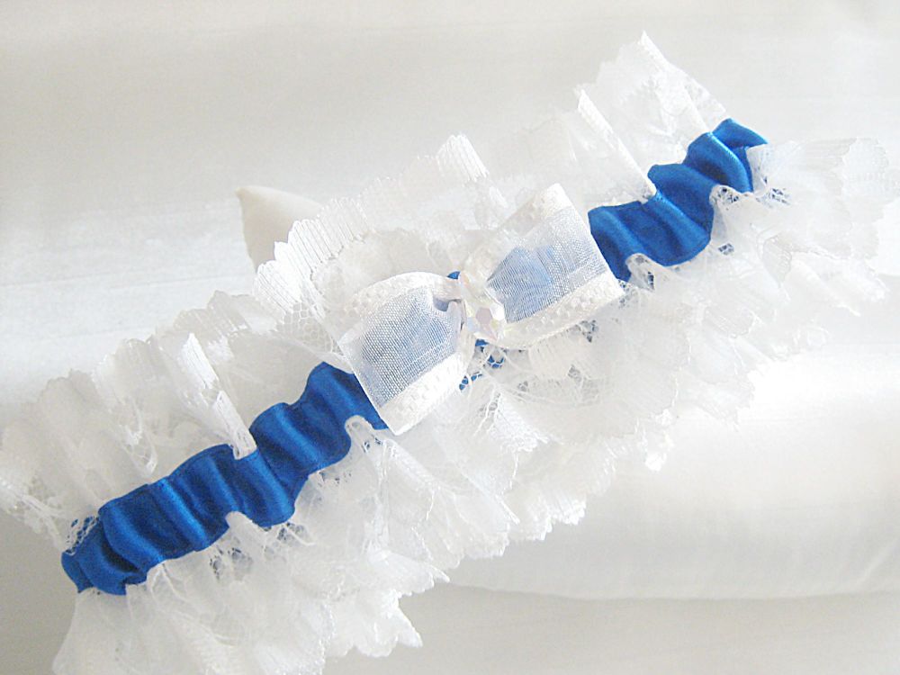 'Valerie' Royal Blue Trim Preciosa  Wedding Garter 