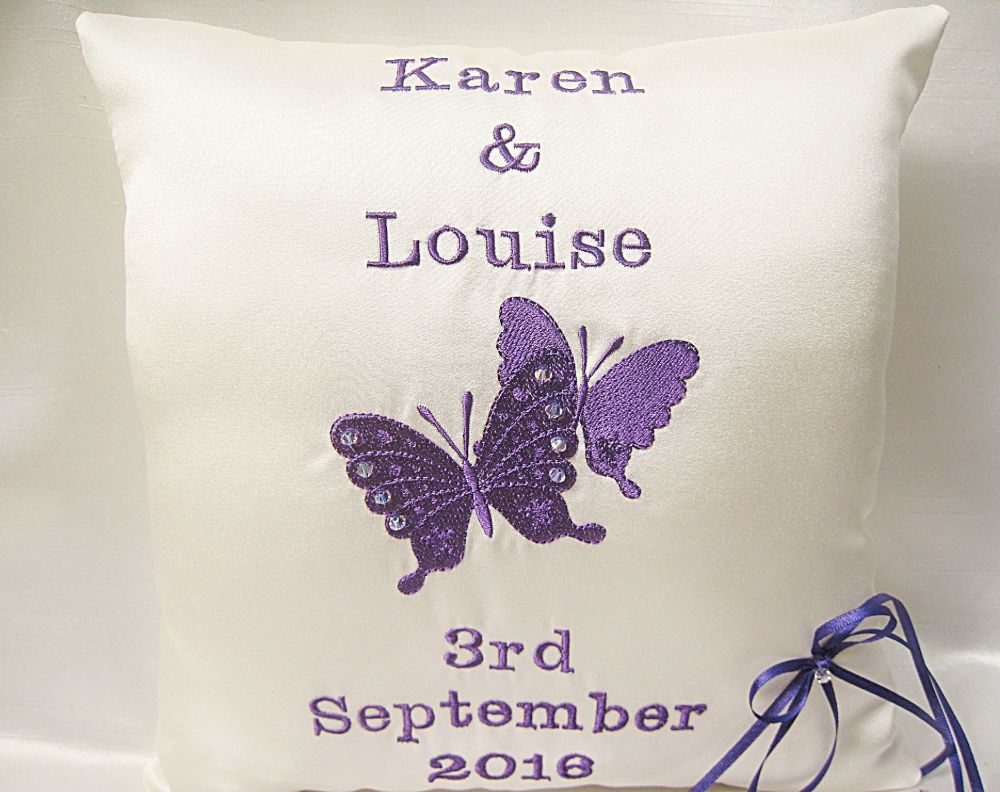 Butterfly Personalised Wedding Ring Cushion With Crystals ANY COLOUR