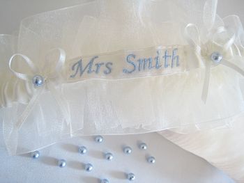 Lottie Organza Wedding Garter, Powder Blue Embroidery