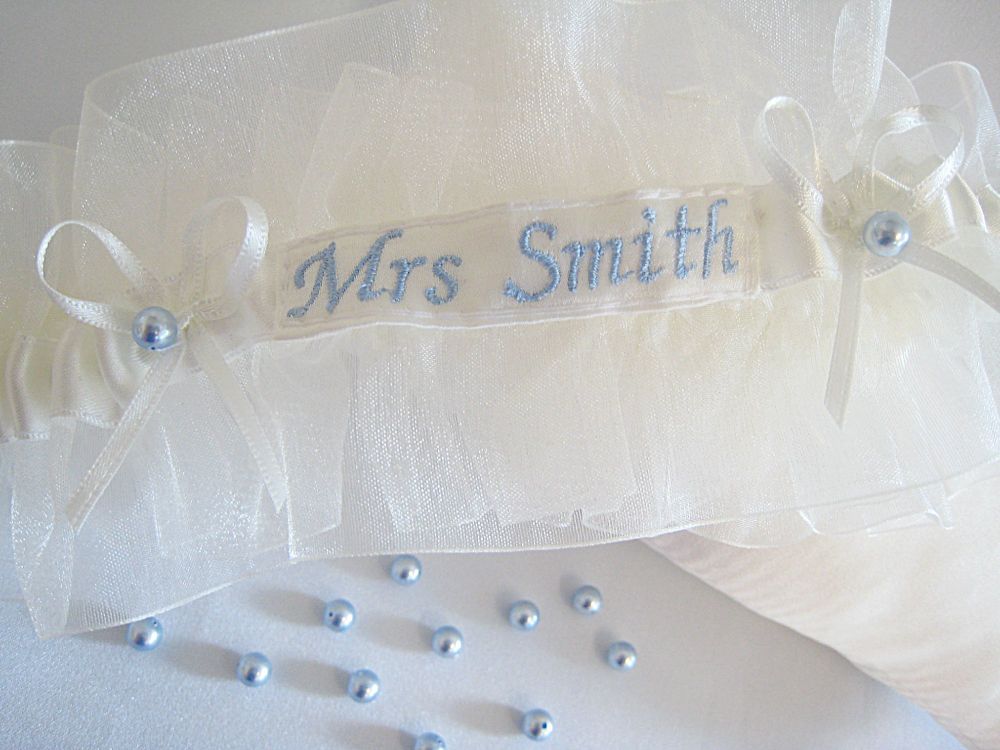 Personalised Garter With Blue Stitching.