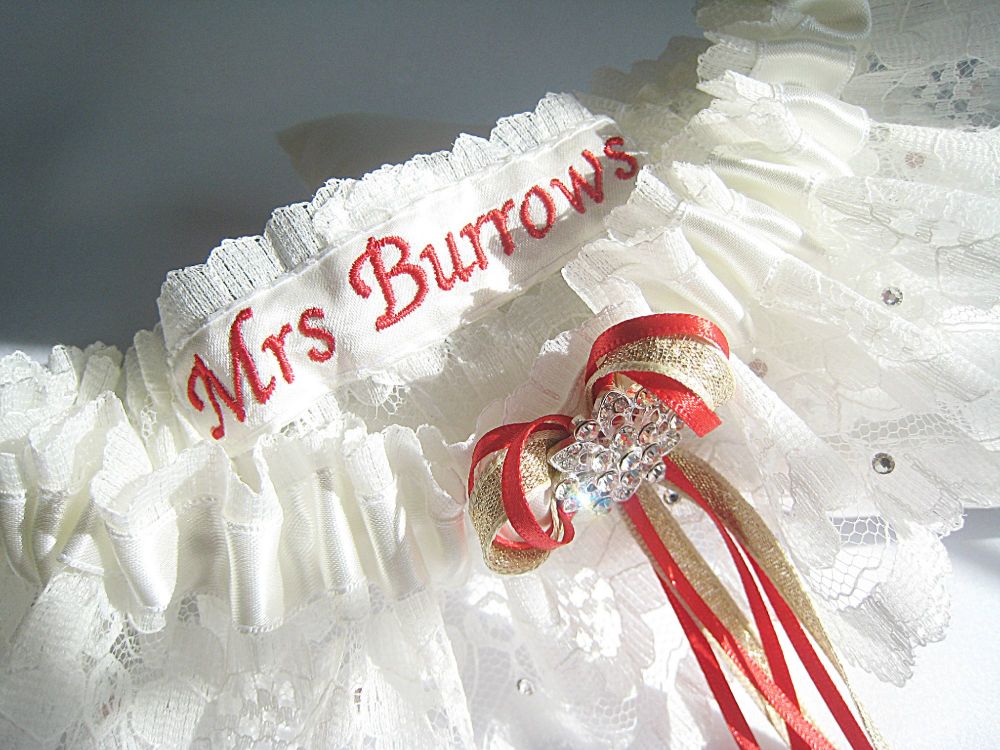 Red Wedding Garter, Made From Lace With Gold Trims.