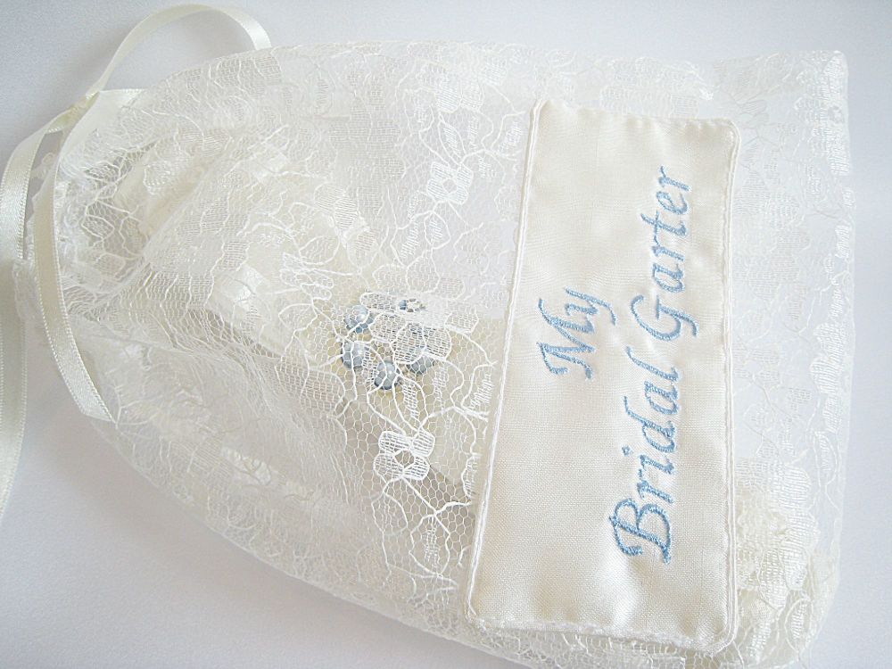 Wedding Garter Personalised, Blue Stitching Placed In A Lace Dust Bag