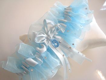 Blue Organza Bridal Garter, Swarovski Crystals