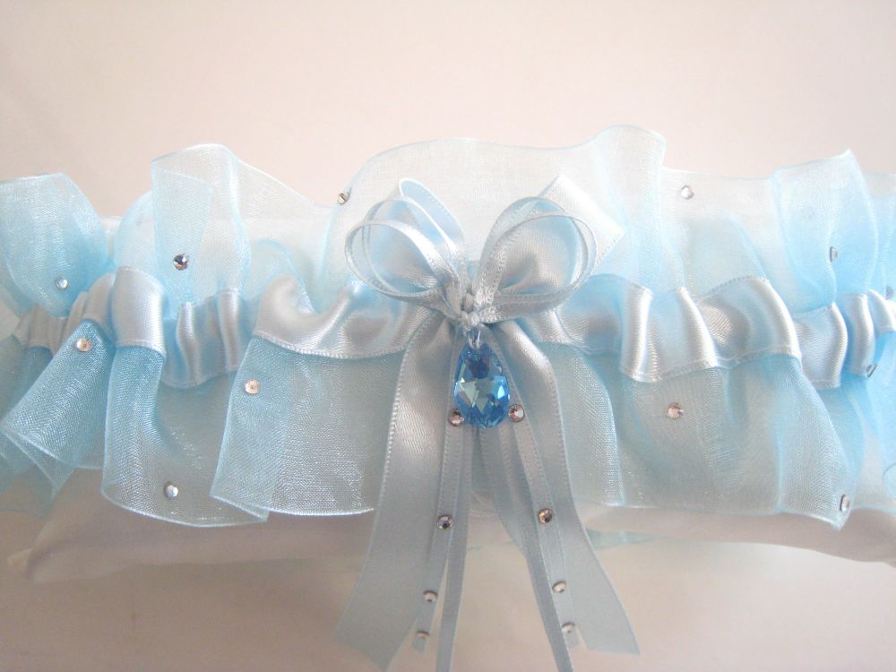 Blue Organza Bridal Garter, Swarovski Crystals