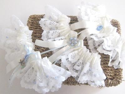 A Luxury Wedding Garter, Stitched In Lace With Blue Ribbon Details & Personalised Too!