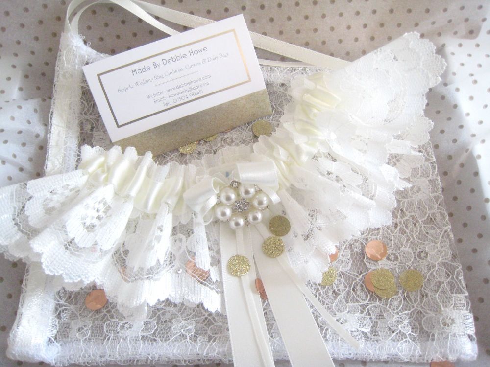 Ivory Garter Diamante & Pearls, Ivory Lace Garter Satin & Rhinestone