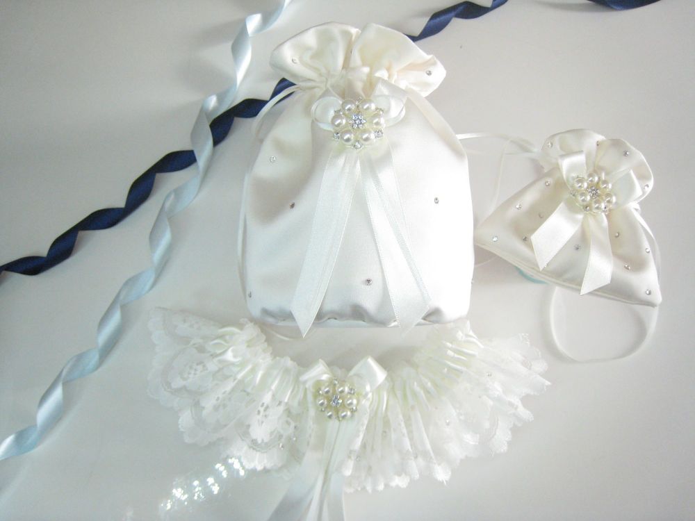 Lovely Bridal Set, Dolly Bag, Ring Bag & Wedding Garter Made In All Ivory S