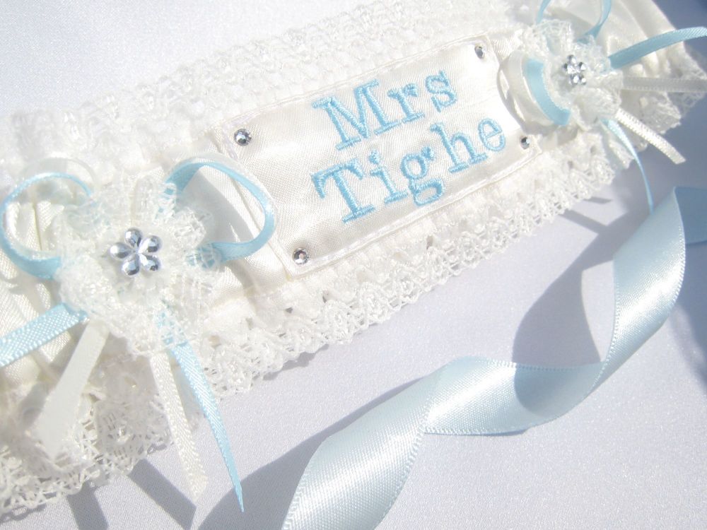 'Angie' Embroidered Wedding Garter With Brides New Name