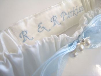 Blue Wedding Garter, Personalised With Sixpence Coin 
