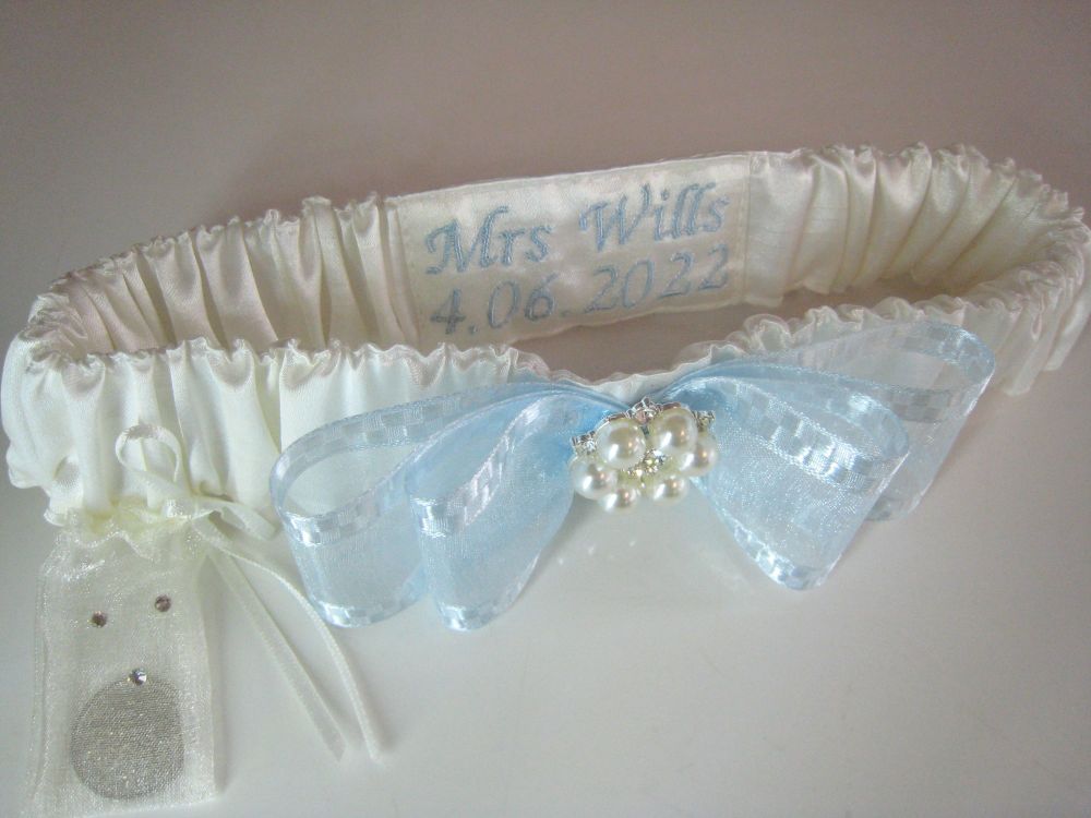 Blue Wedding Garter, Personalised With Sixpence Coin