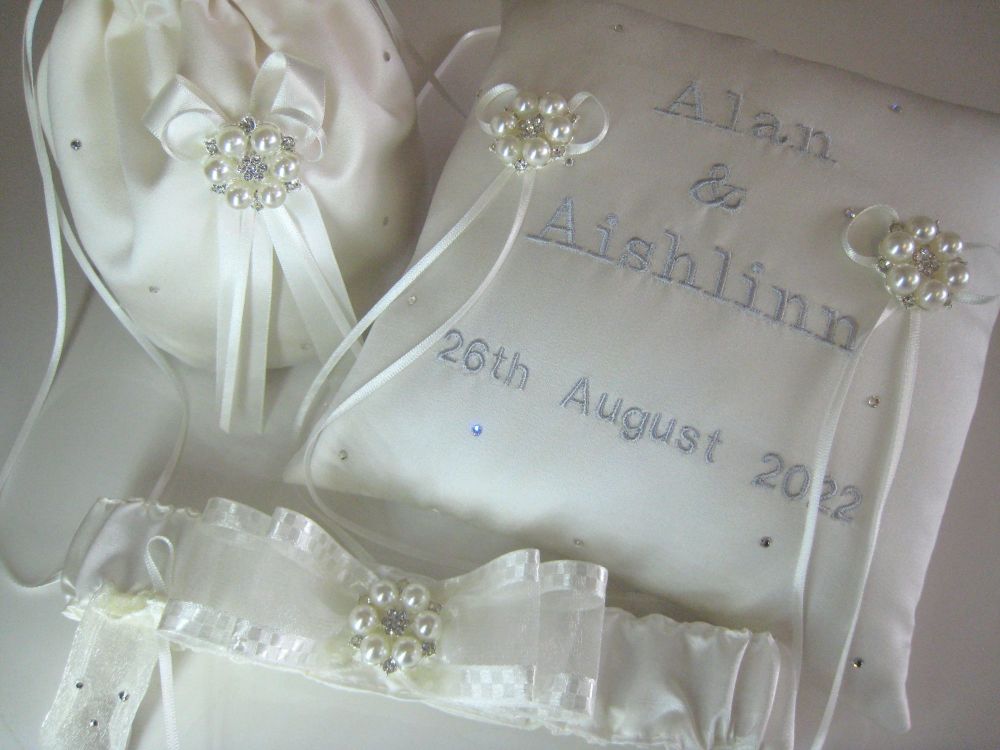 Jane Set Of Wedding Garter, Ring Cushion & Dolly Bag