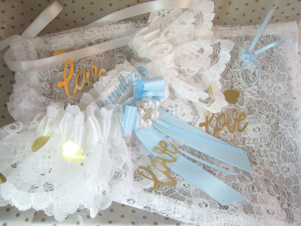 Wedding Garter With Blue Bows & Crystals