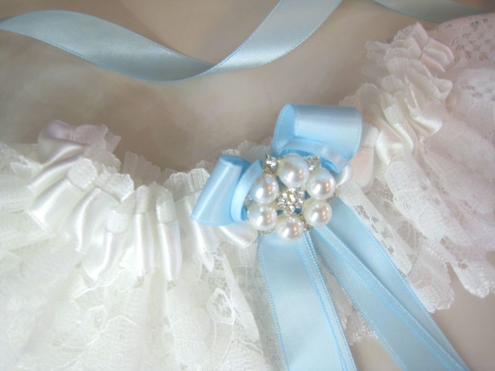'Bailey' Lace Garter With Blue Bows, Handmade To Order