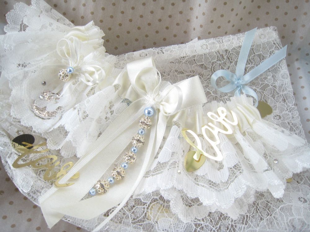 Ivory Wedding Garter, With Crystals & Pale Blue Swarovski Pearls