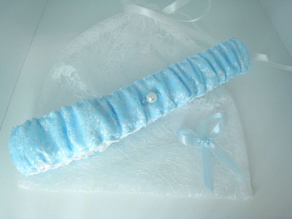 'Meadow' Sky Blue Lace Overlay Wedding Garter, Made To Order Bridal Garter
