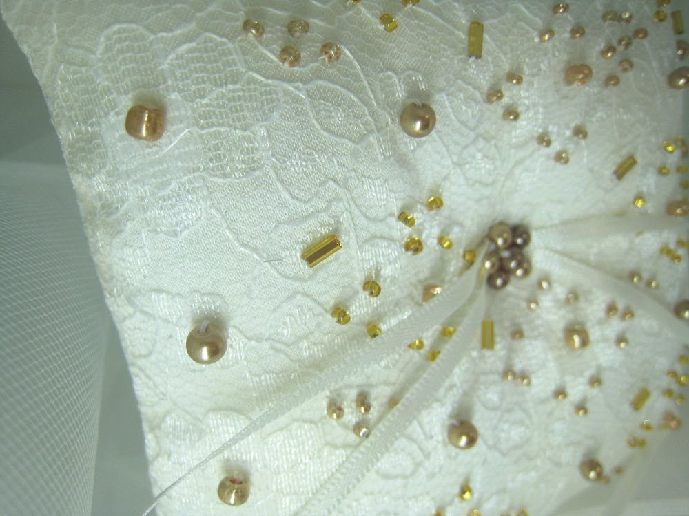 Gold & Ivory Beaded Ring Cushion - One Off Design