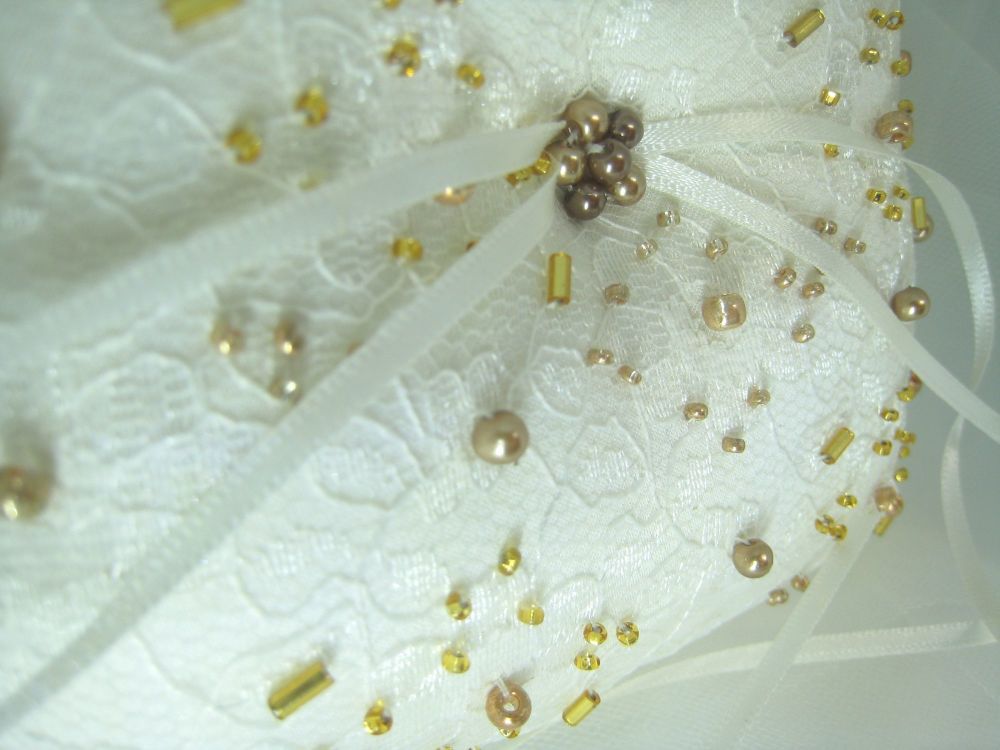 Gold & Ivory Beaded Ring Cushion - One Off Design
