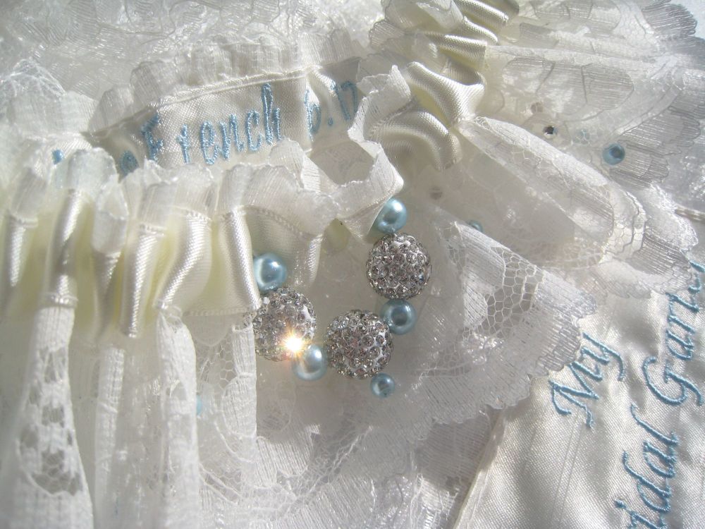 'Rachel' Luxury Wedding Garter Blue Pearls