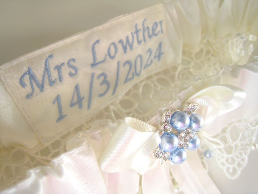 'Belle' Luxury Wedding Garter Blue Swarovski Pearls