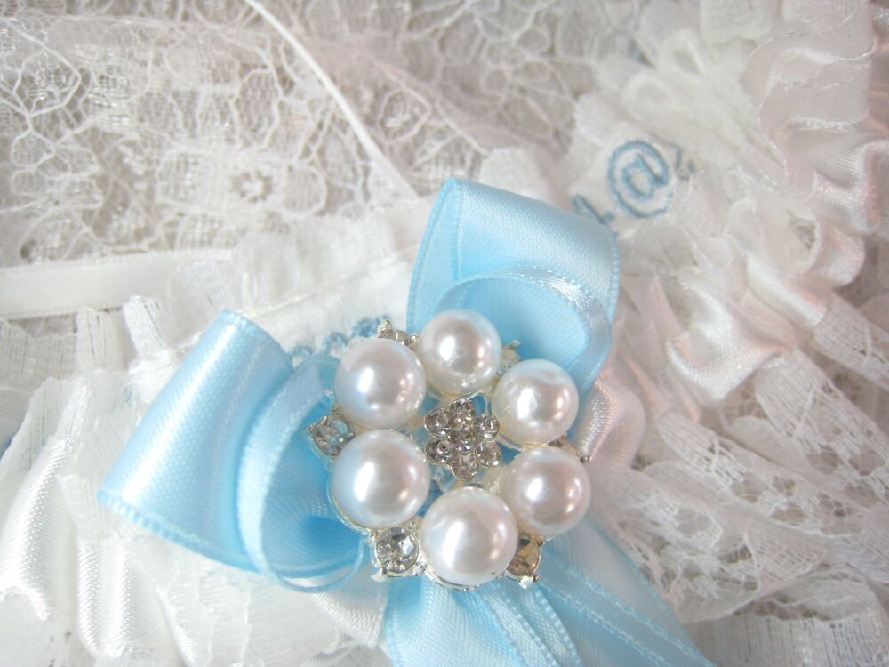 Wedding garter, blue bows & blue embroidery