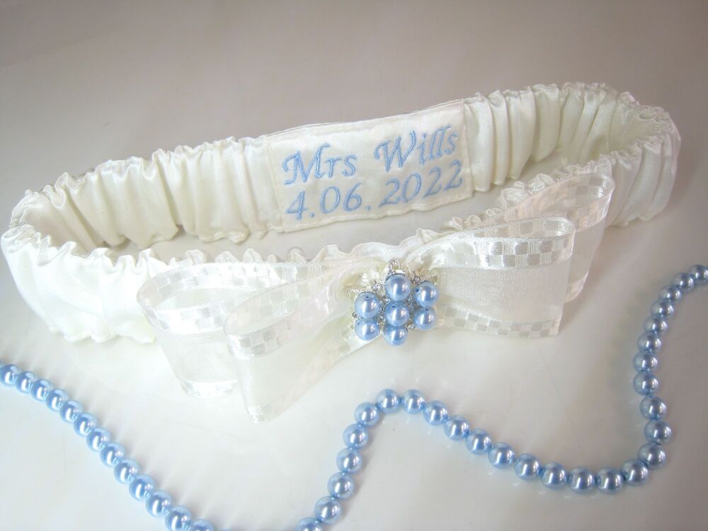 Personalised wedding garter, blue Swarovski pearls.
