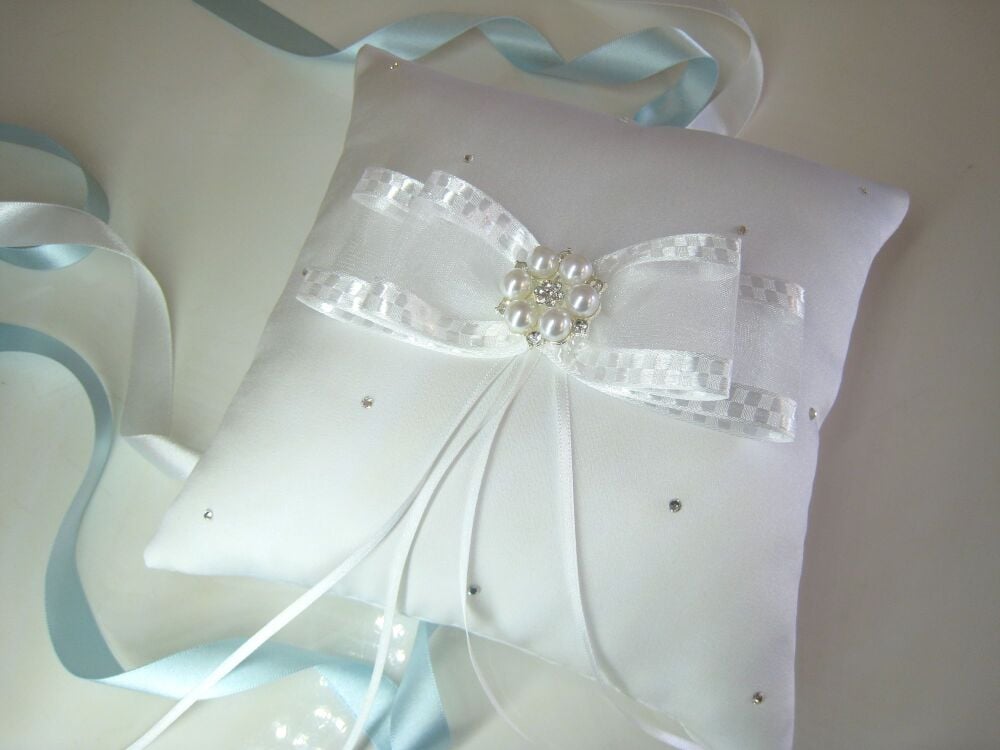 Bailey Wedding Ring Cushion Diamante & Pearl, Duchess Satin Ring Cushion