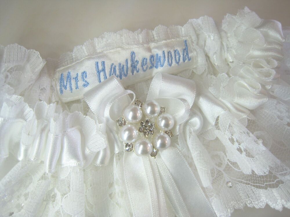 White Personalised Garter | Blue Embroidered Bridal Garter