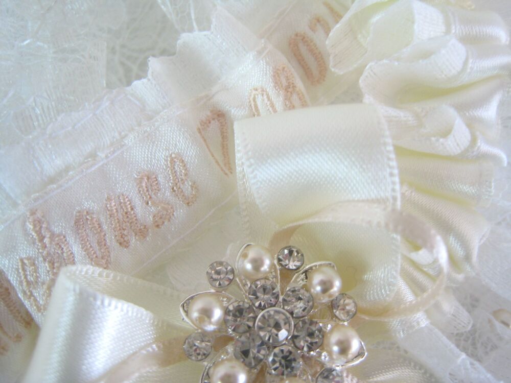 Personalised wedding garter, cashmere pearsl & crystals.