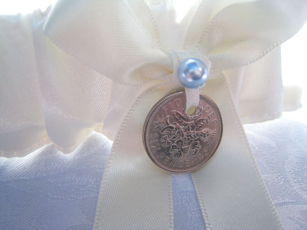 'Blue' Swarovski Pearl Wedding Garter With Sixpence & Personalised