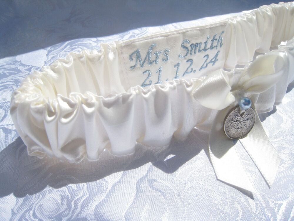 'Blue' Swarovski Pearl Wedding Garter With Sixpence & Personalised