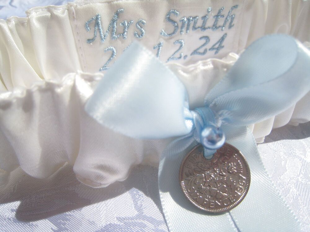 'Blue' Swarovski  Sixpence Wedding Garter Personalised
