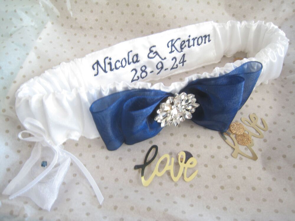 Bliss Navy Satin Garter With Embroidery & A Sixpence Coin