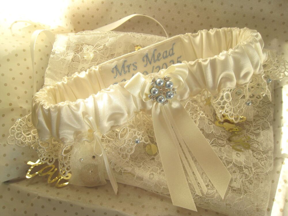 'Belle' Blue Wedding Garter Guipure Lace Sixpence Coin