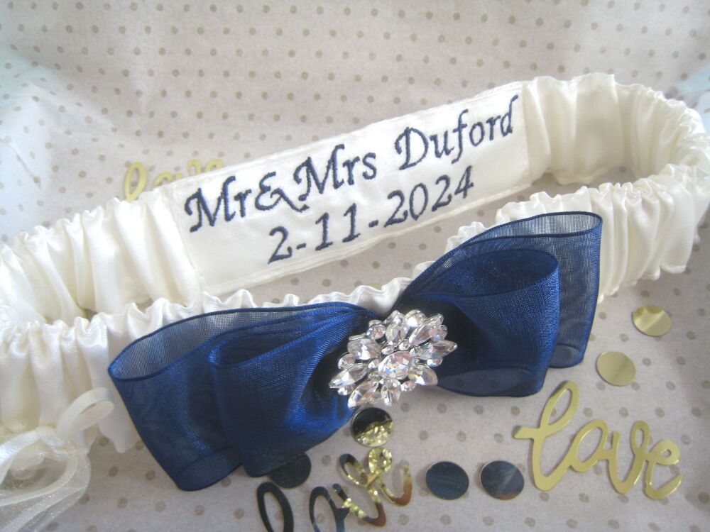 'Bliss' Wedding Garter, Personalised Plus Sixpence Bag