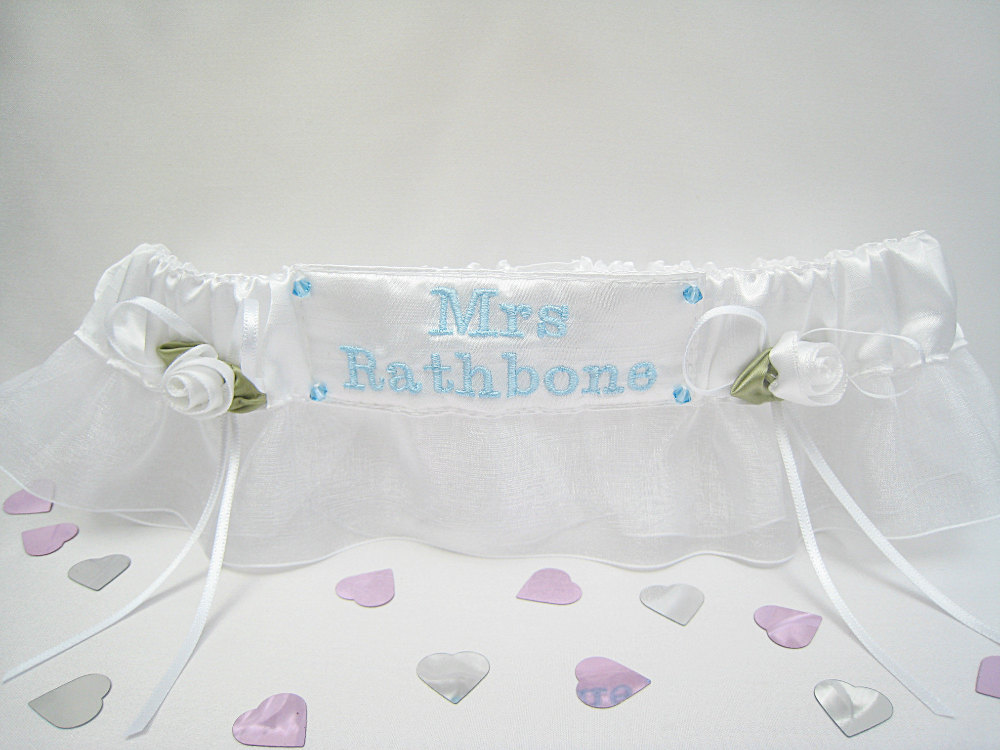 JOY Personalised White Garter With A Touch of Blue Embroidery