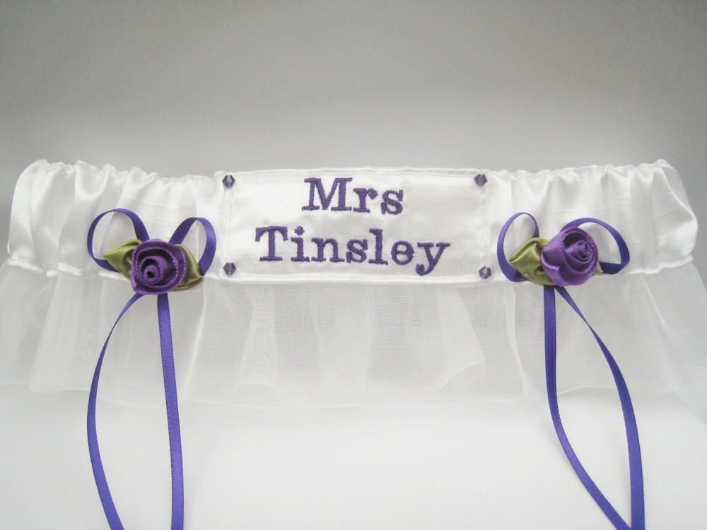Purple Wedding Garter, Personalised With Brides New Name