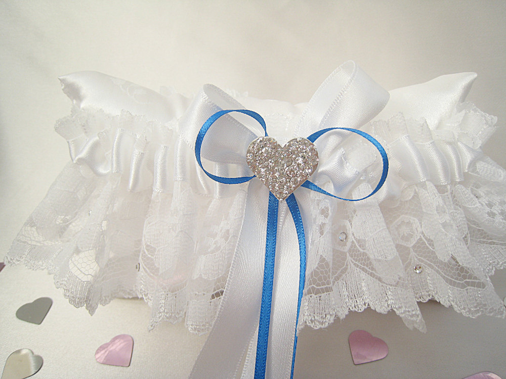 Blue Wedding Garter With Crystals & Hand Tied Bows In Royal Blue