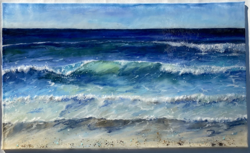 Summer Waves, Sennen.  Framed 52cm x 37cm. Glass 48cm x 28cm. 