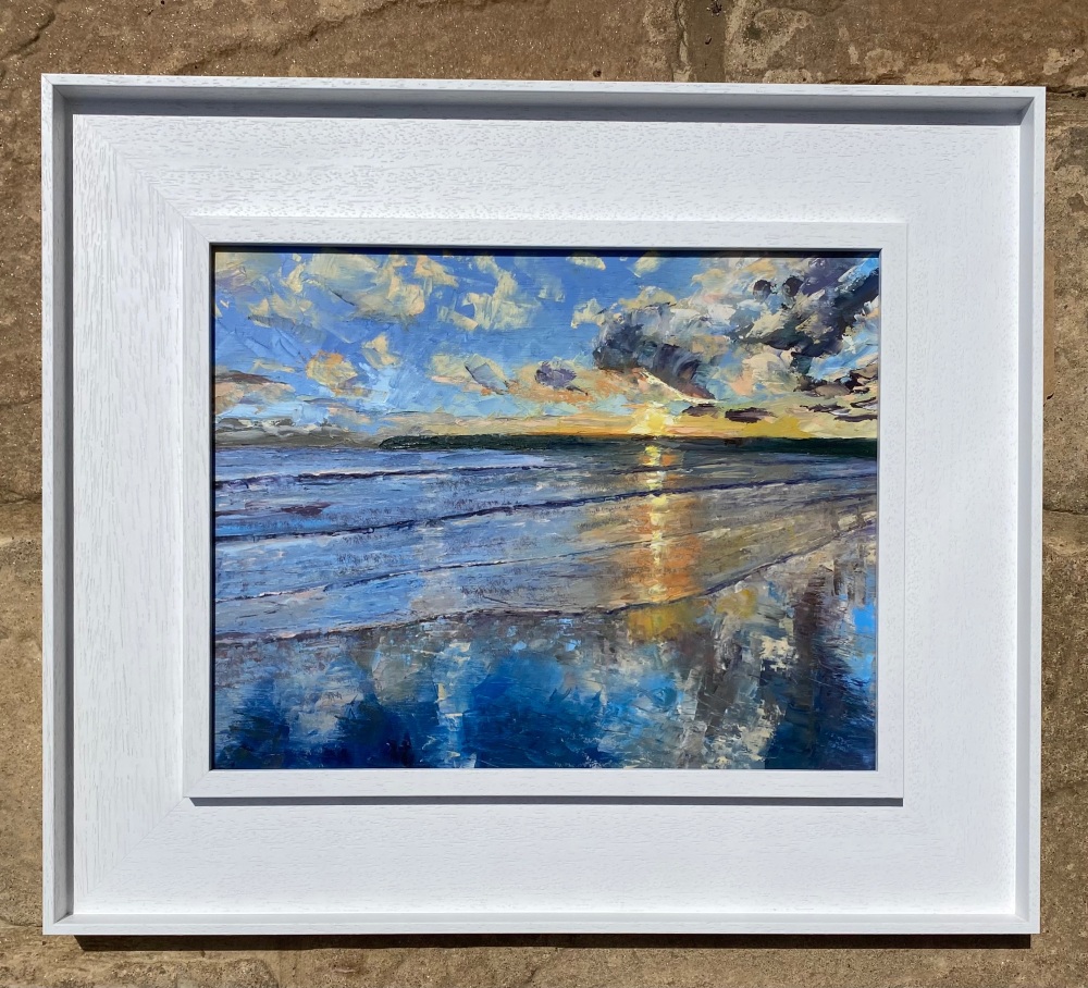 Sunset over Mounts Bay. Oil painting.   52cm x 44cm in white St.Ives frame.