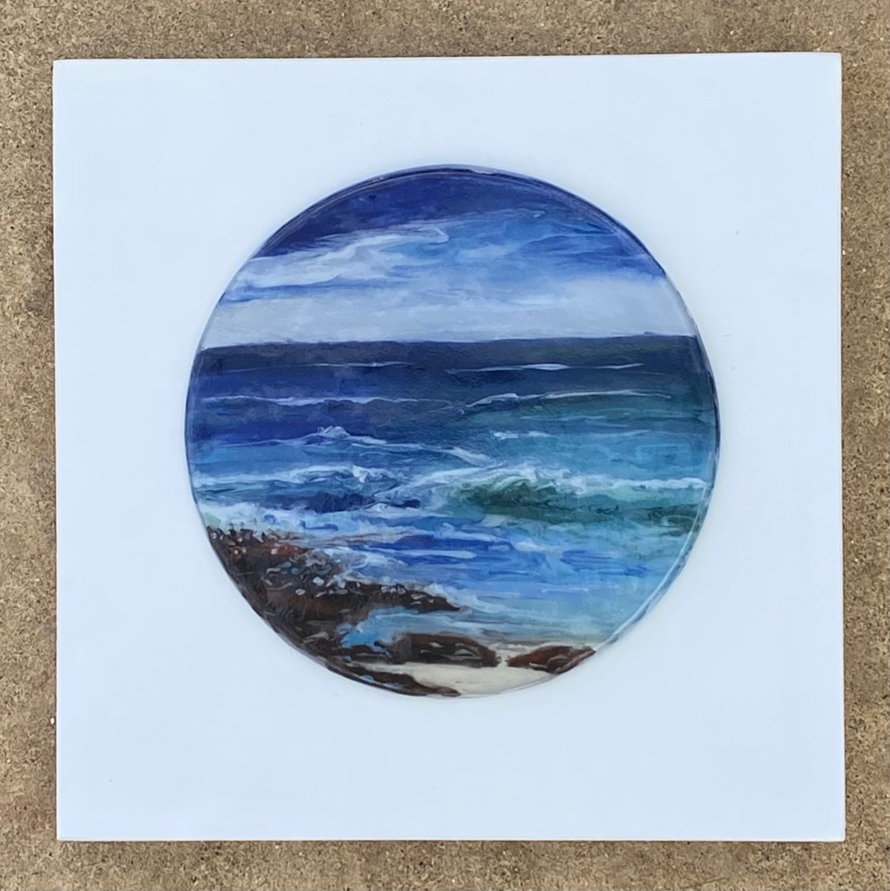 Porthole seascape.  15cm x 15cm framed. Glass 10cm.