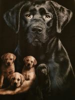Black Labrador and Pups T Shirt - Medium