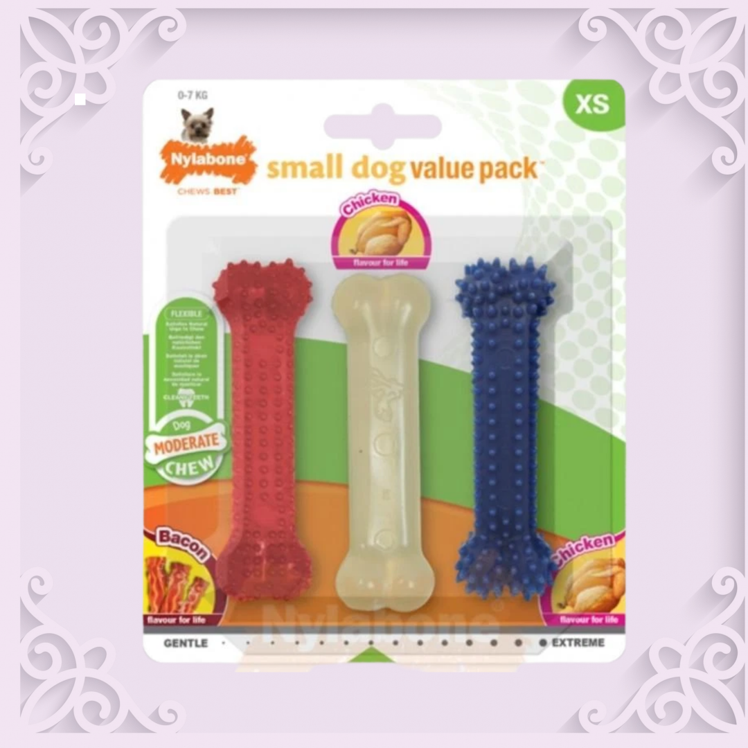 Nylabone Small Dog Value Pack (Bacon, Chicken, Dental Bone)- X Small