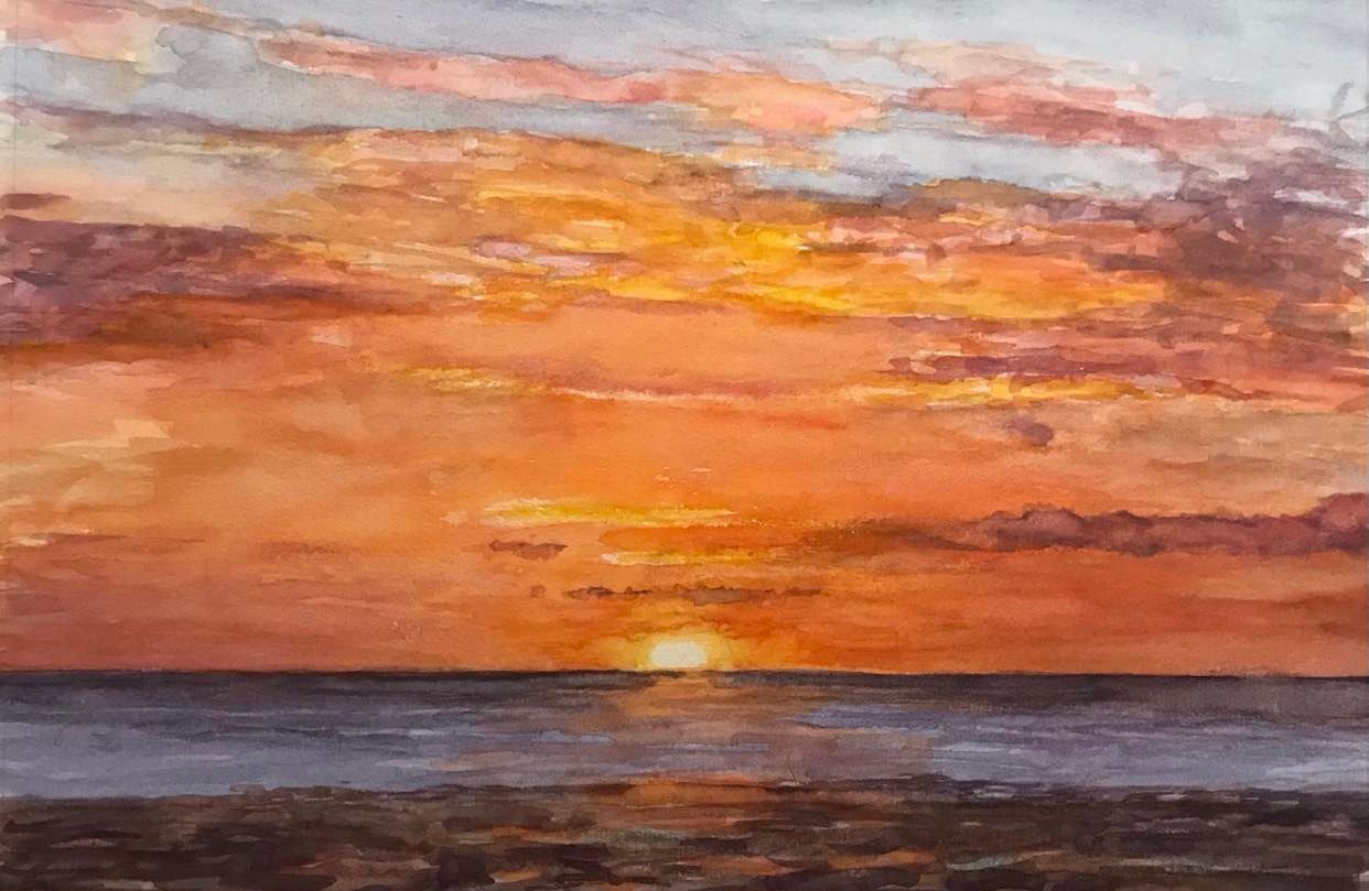 Watercolour Painting of a Sunset Over Crosby Beach