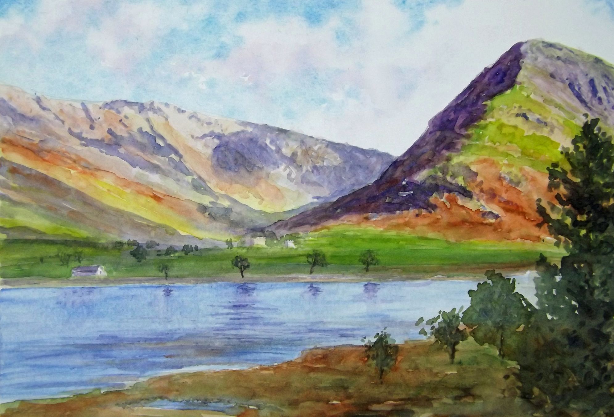 Watercolour Painting of Buttermere Looking Towards Fleetwith Pike, The Lake District