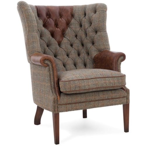 Harris Tweed MacKenzie Chair B - Hide Head Rest, Arms, Buttons & Piping