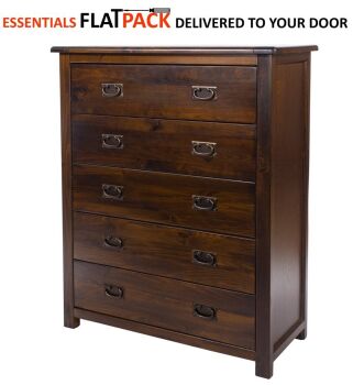 BOSTON HIGHLAND DARK 5 DRAWER CHEST ESSENTIALS FLAT PACK This award winning flat pack furniture is delivered (FREE)** to your door ready to assemble