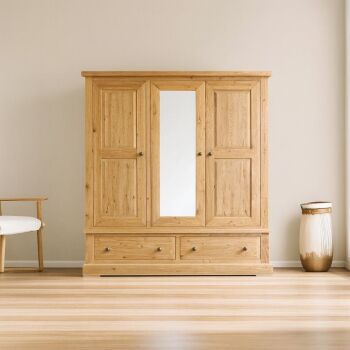 Hampton Abbey Oak Triple Wardrobe with drawers and mirror